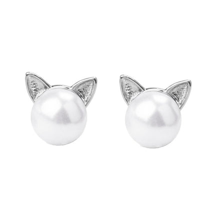 Rockyu 猫耳パールピアス レディース シルバー プチサイズ 可愛いアクセ