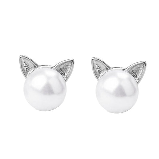 Rockyu 猫耳パールピアス レディース シルバー プチサイズ 可愛いアクセ