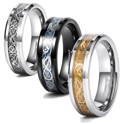 Rockyu タングステン 龍紋デザインリング メンズ レディース 幅6mm 8mm シルバー ゴールド ブルー