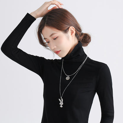 Rockyu レディースネックレス うさぎとくまの二連ロングチェーンペンダント