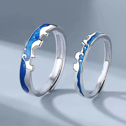 Rockyu ペアリング シルバー925 フリーサイズ 青波デザイン カップル指輪