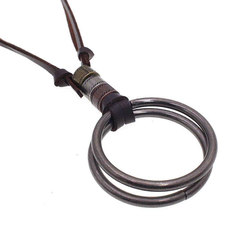 Rockyu メンズリングペンダントネックレス｜3連リング×レザー紐 60cm調整可ロングタイプ