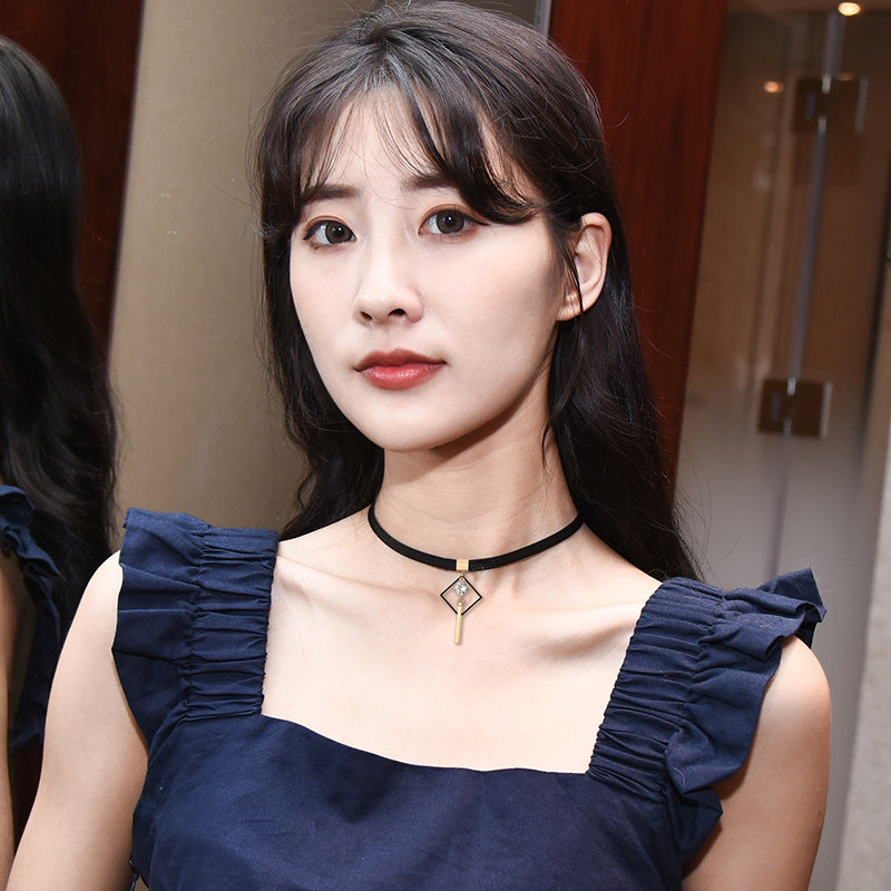 Rockyu レディース チョーカー 黒 レザー ジルコニア ネックレス