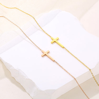 Rockyu 十字架ネックレス ピンクゴールド ステンレス製 シンプルクロス チェーンアクセサリー