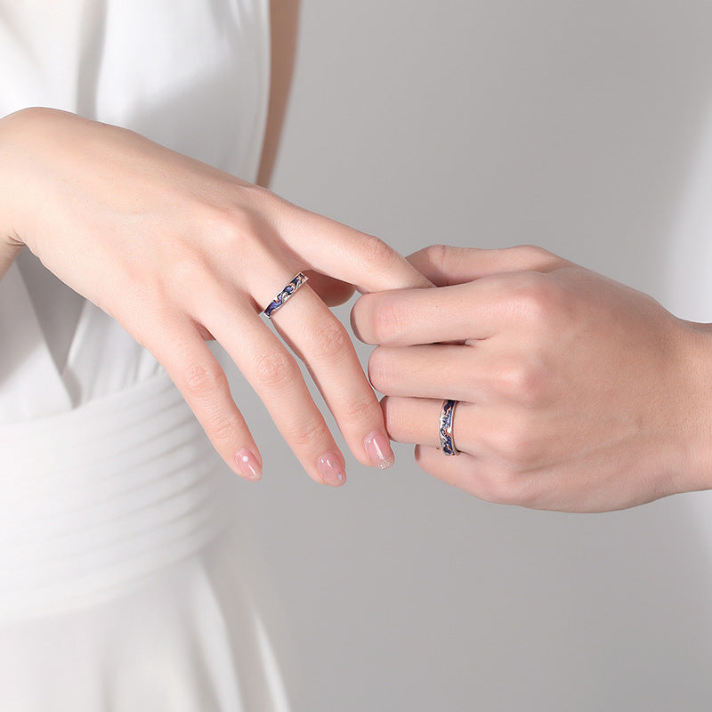 Rockyu フリーサイズリング 藍色の空に太陽と月が輝く幻想デザイン