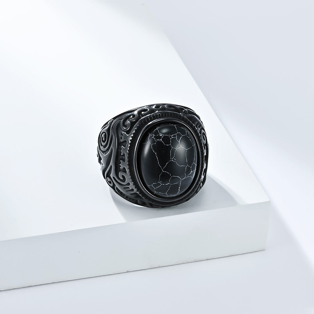 Rockyu メンズ ステンレスリング – 天然石オニキス＆タイガーアイ装飾 シルバー彫刻デザイン