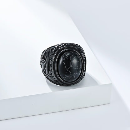 Rockyu メンズ ステンレスリング – 天然石オニキス＆タイガーアイ装飾 シルバー彫刻デザイン