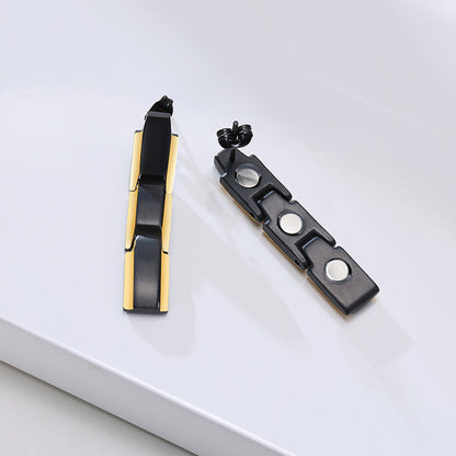 Rockyu ピアス メンズ チタン製 四角形 揺れるデザイン 黒＆ゴールド シルバー 磁気ゲルマニウム加工