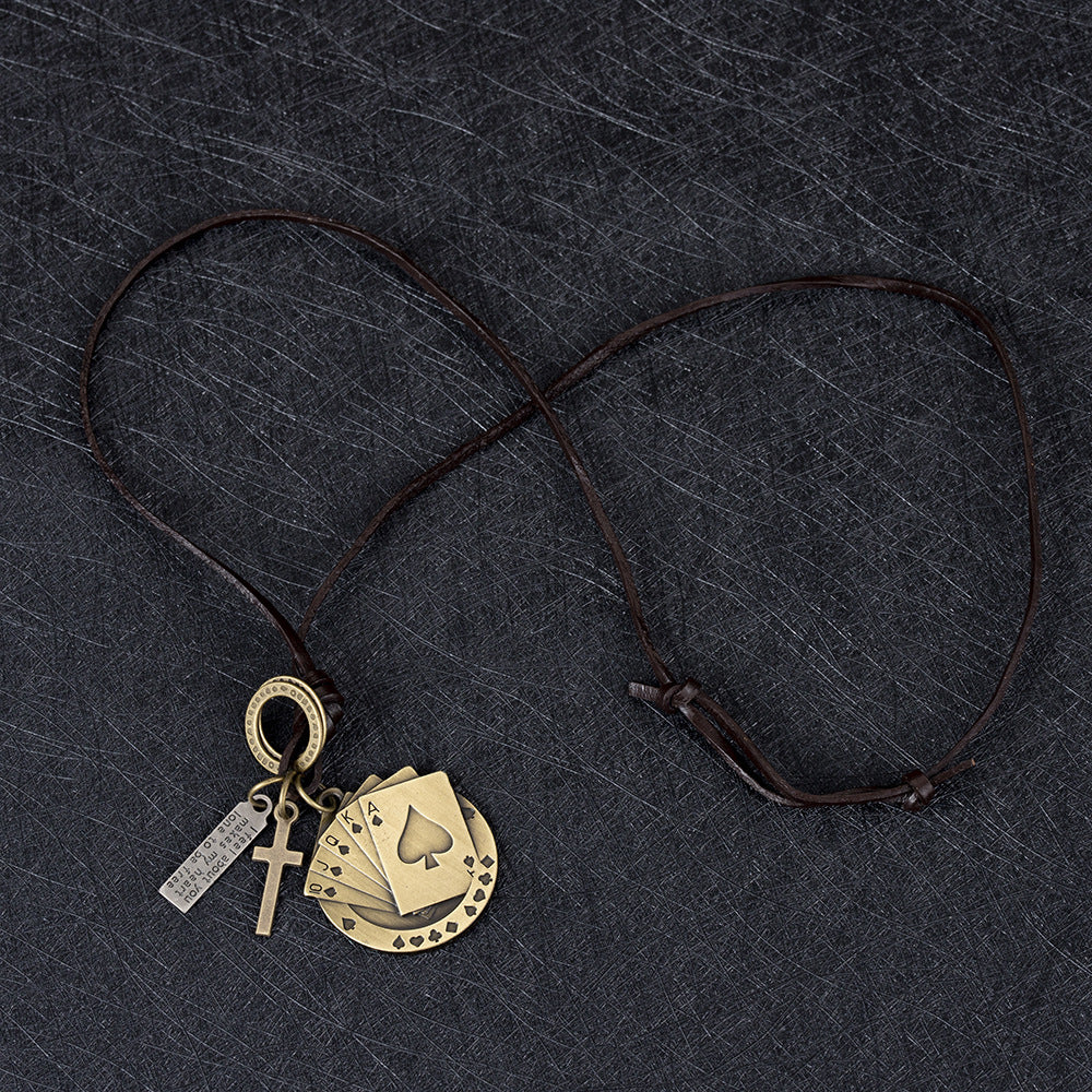 Rockyu ネックレス メンズ レザー 紐 ペンダント 十字架 トランプモチーフ ステンレス ヴィンテージ アクセサリー