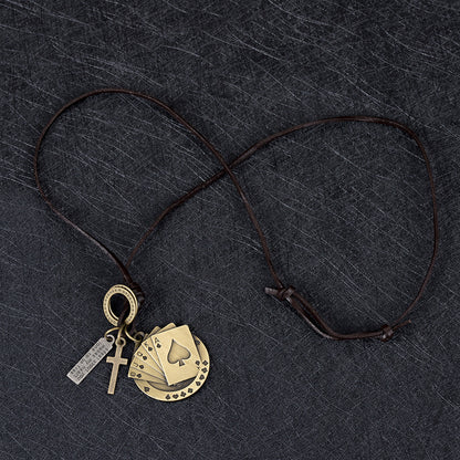 Rockyu ネックレス メンズ レザー 紐 ペンダント 十字架 トランプモチーフ ステンレス ヴィンテージ アクセサリー