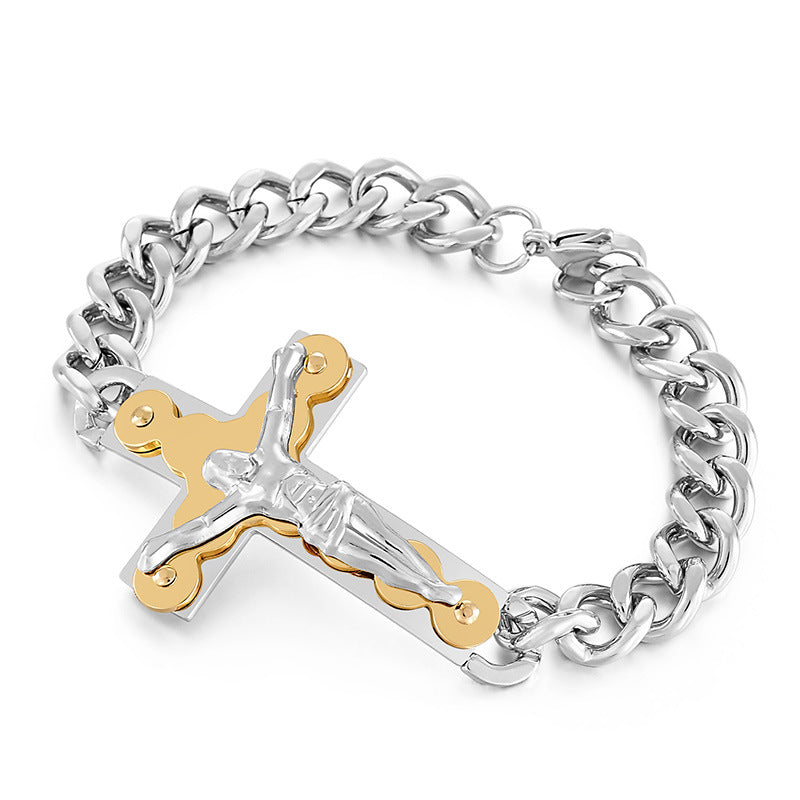 Rockyu メンズブレスレット クロス十字架 チタンチェーン シルバー 喜平デザイン