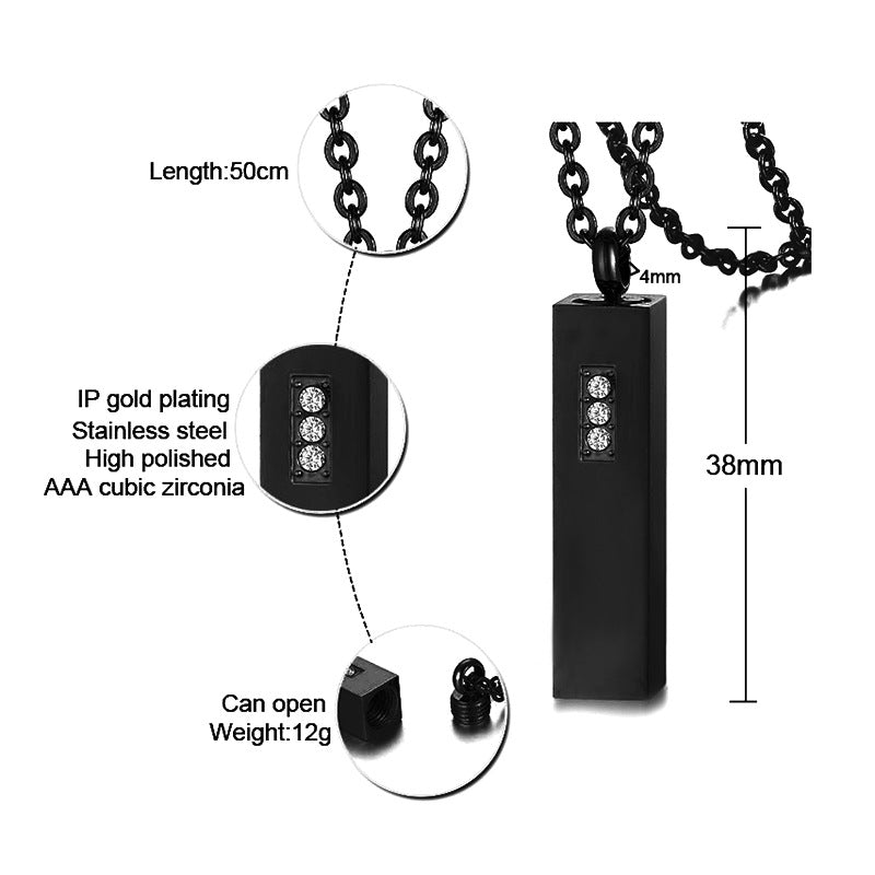 Rockyu メモリアルネックレス スティック型 遺骨ペンダント ジルコニア入り ステンレス製 3色展開