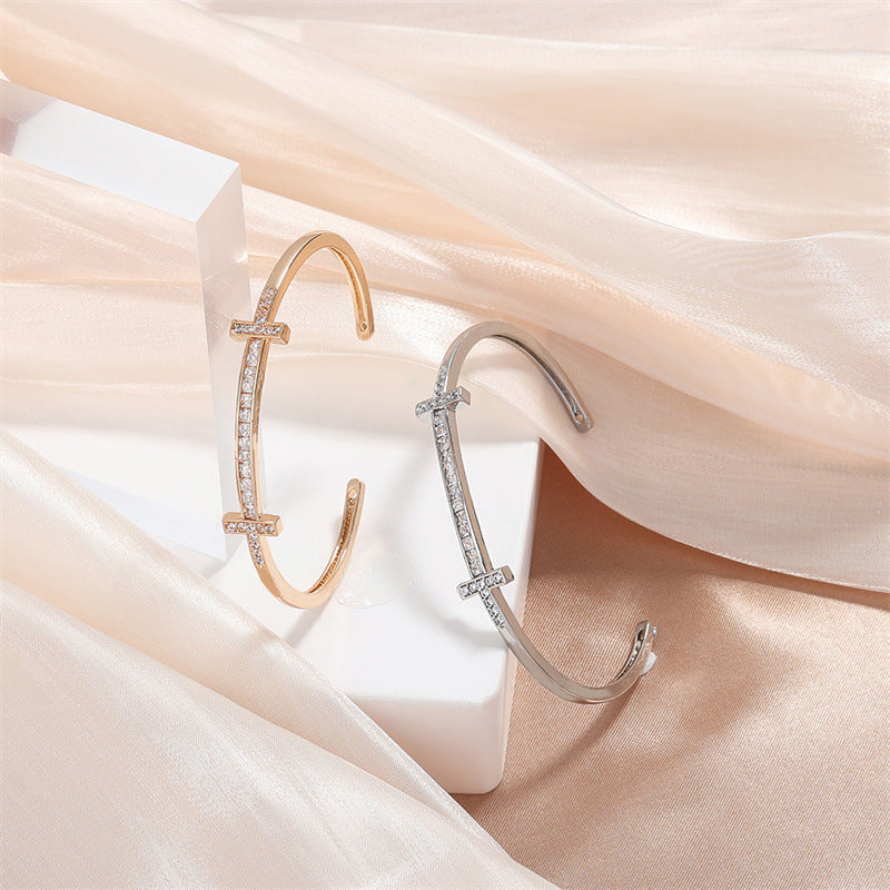 Rockyu レディース クロスラインバングル キュービック付き 18K仕上 ステンレス