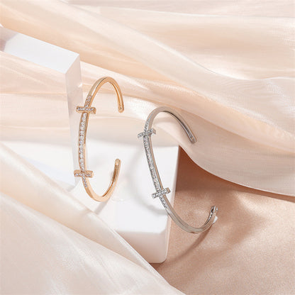 Rockyu レディース クロスラインバングル キュービック付き 18K仕上 ステンレス