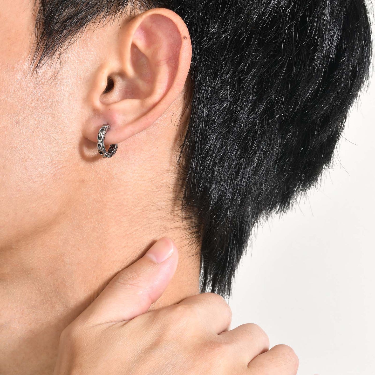 Rockyu メンズ シルバー フープピアス ステンレス鋼 金属アレルギー対応 ヴィンテージチェーン デザインリング
