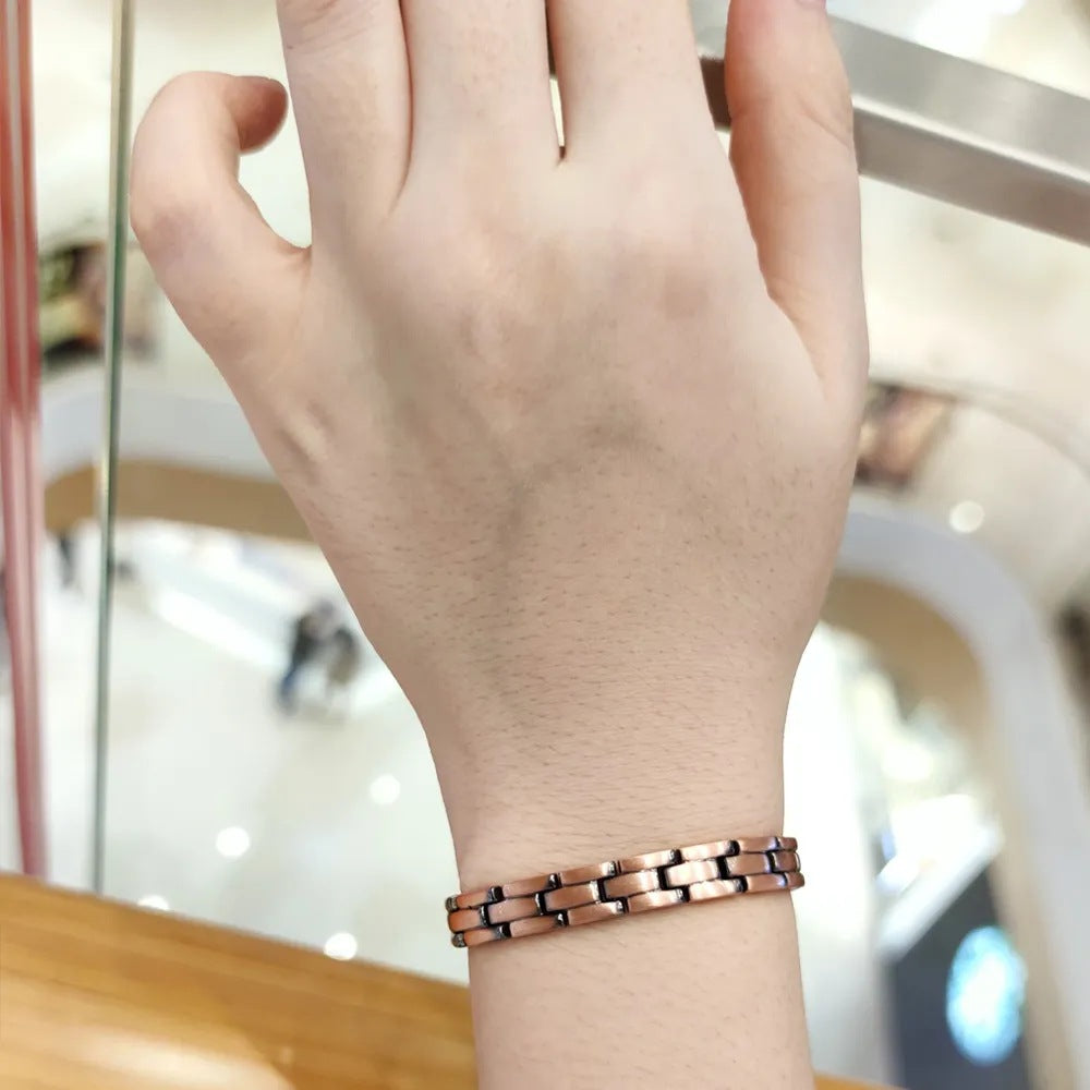 Rockyu 磁気ブレスレット メンズ ピンクゴールド 銅製 レトロブラック シンプル おしゃれ