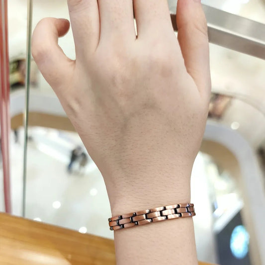 Rockyu 磁気ブレスレット メンズ ピンクゴールド 銅製 レトロブラック シンプル おしゃれ