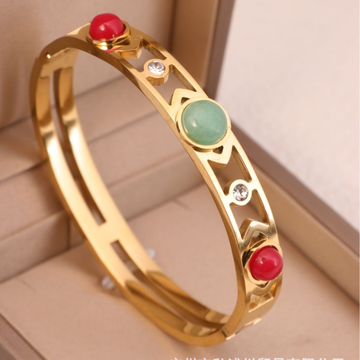 Rockyu レディース バングル 太め 透かし彫り 天然石 ゴールド・シルバー ステンレス 金属アレルギー対応