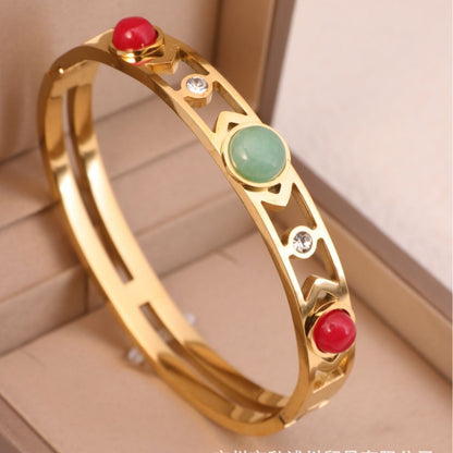 Rockyu レディース バングル 太め 透かし彫り 天然石 ゴールド・シルバー ステンレス 金属アレルギー対応