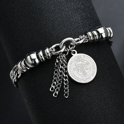 Rockyu レディースブレスレット シルバー チタン 円珠 コイン刻印 トーテム 御守風