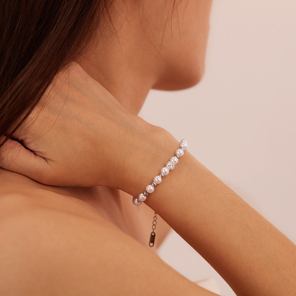 Rockyu ブレスレット レディース パール×ラインストーン 上品エレガント 2連風デザイン