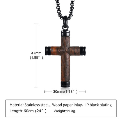 Rockyu ネックレス メンズ 十字架 シルバー チェーン チタン 梨花木 ブラウン クロス