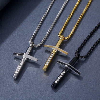 Rockyu クロスネックレス メンズ ステンレス製 アレルギー対応 ブラック＆ゴールド おしゃれ十字架ペンダント