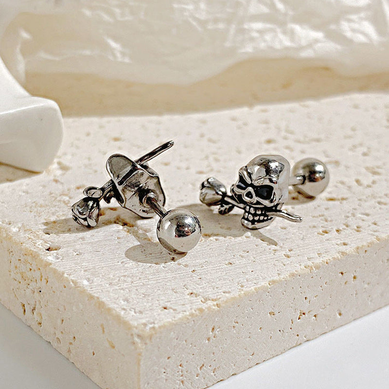 Rockyu メンズ ピアス シルバー スカルデザイン チタン製 両耳用 ファッションジュエリー