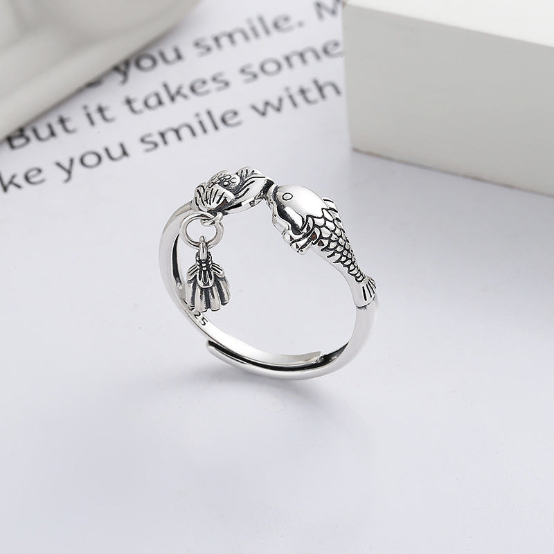 Rockyu 鯉と蓮のチャームリング レディース フリーサイズ S925シルバー指輪