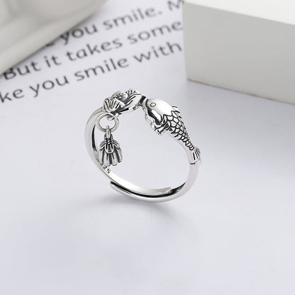 Rockyu 鯉と蓮のチャームリング レディース フリーサイズ S925シルバー指輪