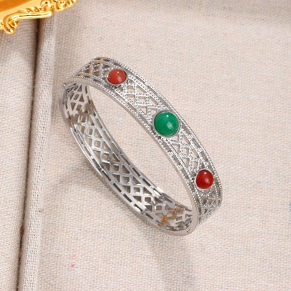 Rockyu レディース バングル 太め 透かし彫り 天然石 ゴールド・シルバー ステンレス 金属アレルギー対応