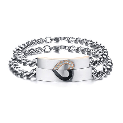 Rockyu ペアブレスレット チェーンデザイン ピンクゴールド＆ブラック ハート連結デザイン