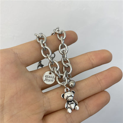 Rockyu ブレスレット レディース 小熊チャーム付き チェーンブレス 錆びにくい チタン風