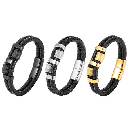 Rockyu ブレスレット メンズ レザー ステンレス 多層編み込み 三連バングル