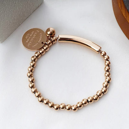 Rockyu レディースビーズブレスレット ステンレス製 刻印チャーム付き ニューヨークスタイル ファッションアクセサリー
