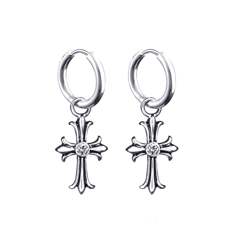 Rockyu クロスフープピアス シルバー ジルコニア 十字架デザイン メンズ レディース 金属アレルギー対応