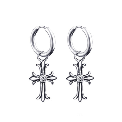 Rockyu クロスフープピアス シルバー ジルコニア 十字架デザイン メンズ レディース 金属アレルギー対応