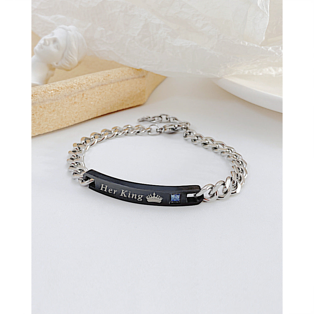 Rockyu ペアブレスレット Her King & His Queen チタンチェーン ジルコニア付