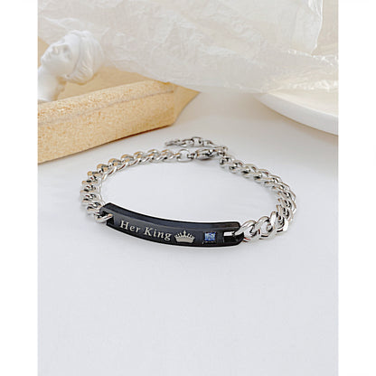 Rockyu ペアブレスレット Her King & His Queen チタンチェーン ジルコニア付