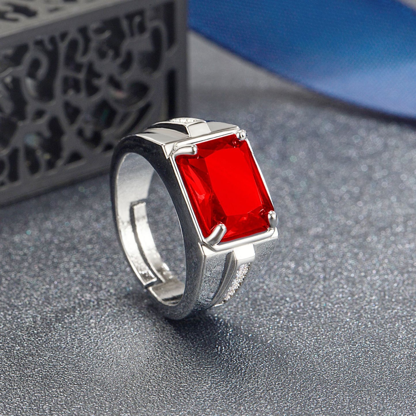 Rockyu メンズ 印台リング シルバー＆ブラック 瑪瑙×ジルコニア フリーサイズ ステンレス製 金属アレルギー対応