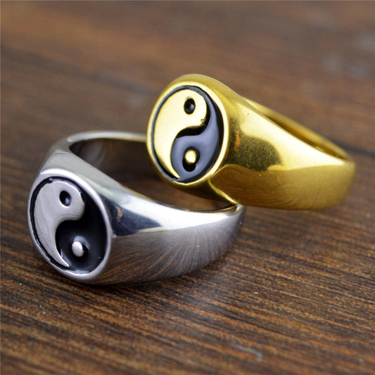 Rockyu 陰陽リング メンズ ステンレス 六字真言風デザイン おしゃれシグネットリング