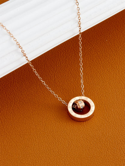 Rockyu ネックレス レディース シンプル ピンクゴールド ジルコニア ローマ数字ネックレス ローマ字刻印 リングペンダント ステンレス あずきチェーン