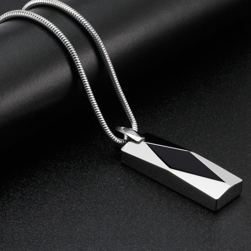Rockyu タングステンネックレス メンズ レディース 多面カット長方形ペンダント ステンレス蛇チェーン付き 黒・銀・青 モダン幾何デザイン