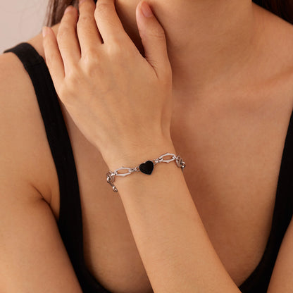 Rockyu ブレスレット レディース ハートチェーン ゴールド＆シルバー ブラックエナメル 金属アレルギー対応