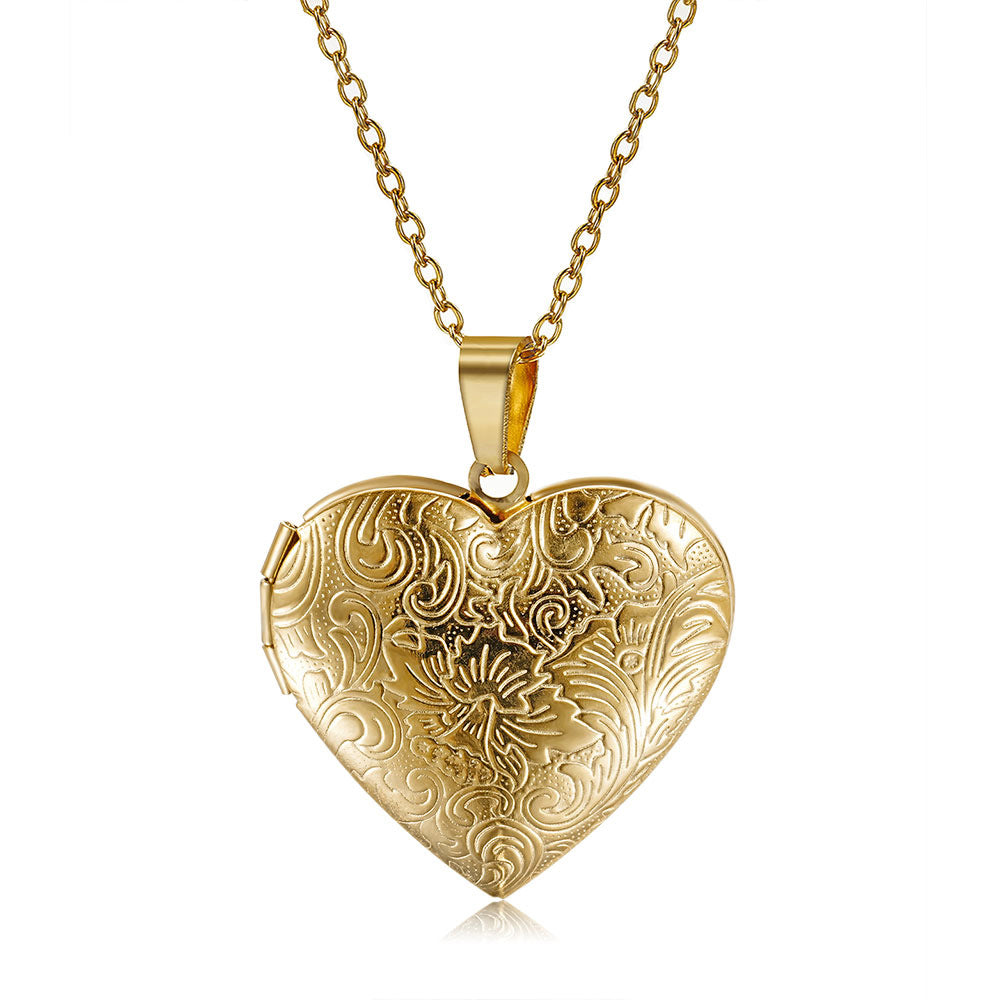 Rockyu レディースネックレス ハートロケットペンダント 写真入れ 彫刻風デザイン シルバー ゴールド 鎖骨チェーン 記念日 ギフト