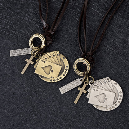 Rockyu ネックレス メンズ レザー 紐 ペンダント 十字架 トランプモチーフ ステンレス ヴィンテージ アクセサリー