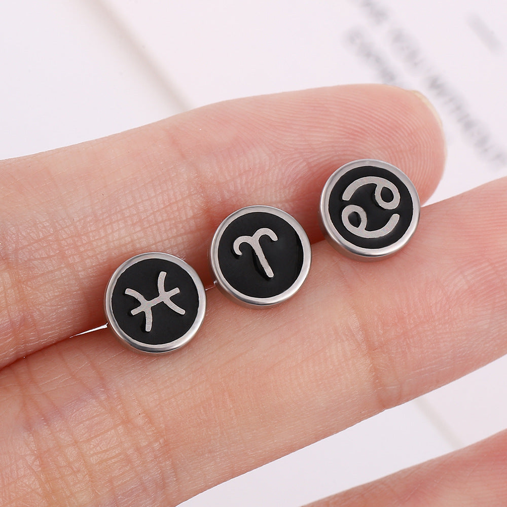 Rockyu 星座ピアス 8mm ブラックステンレス アンティーク風ユニセックスアクセ