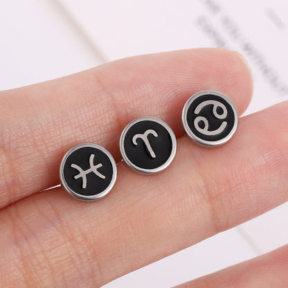 Rockyu 星座ピアス 8mm ブラックステンレス アンティーク風ユニセックスアクセ