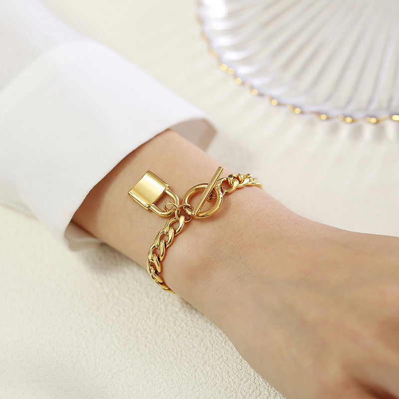 Rockyu レディース ブレスレット ゴールド ステンレス OTチェーン 喜平 マンテル 南京錠 アクセサリー