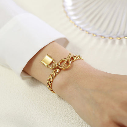 Rockyu レディース ブレスレット ゴールド ステンレス OTチェーン 喜平 マンテル 南京錠 アクセサリー